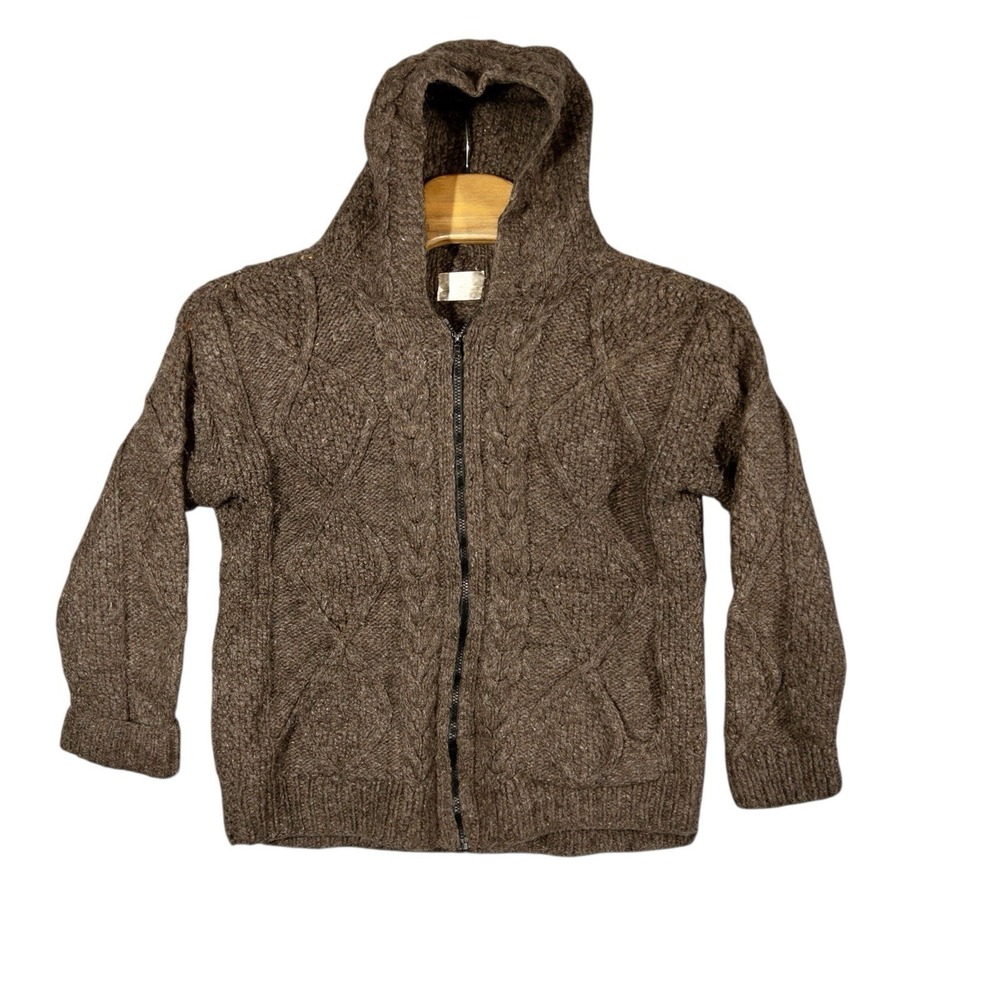 Womens Aran Wool‎ Hooded Fisherman Cable Knit Full Zip Sweater Womens XL